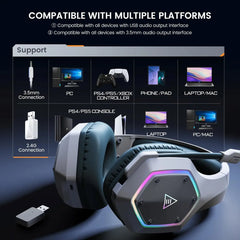Eksa E1000 WT 2.4GHz Wireless Gaming Headset for PC, PS4, PS5, Gaming Headphones with Noise Cancelling Microphone, 7.1 Surround Sound, 36-Hr Battery Gamer Headset for Computer, Laptop, 3.5mm Wired for Xbox Series, White