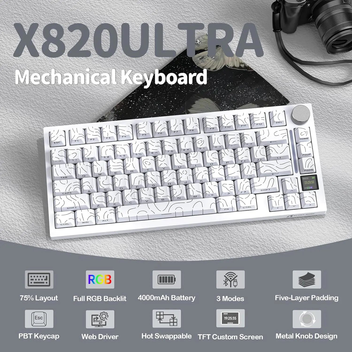 Attack Shark X820 Ultra Display Keyboard (White Contours)