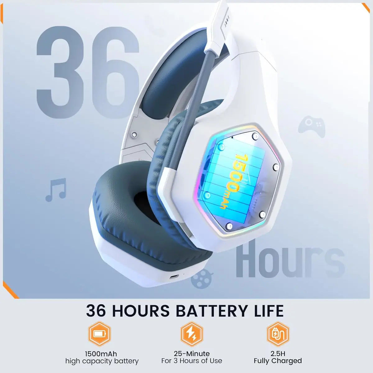 Eksa E1000 WT 2.4GHz Wireless Gaming Headset for PC, PS4, PS5, Gaming Headphones with Noise Cancelling Microphone, 7.1 Surround Sound, 36-Hr Battery Gamer Headset for Computer, Laptop, 3.5mm Wired for Xbox Series, White